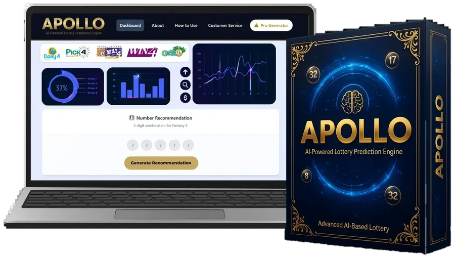 Apollo AI dashboard shown on a laptop with game selector, charts and a generate button
